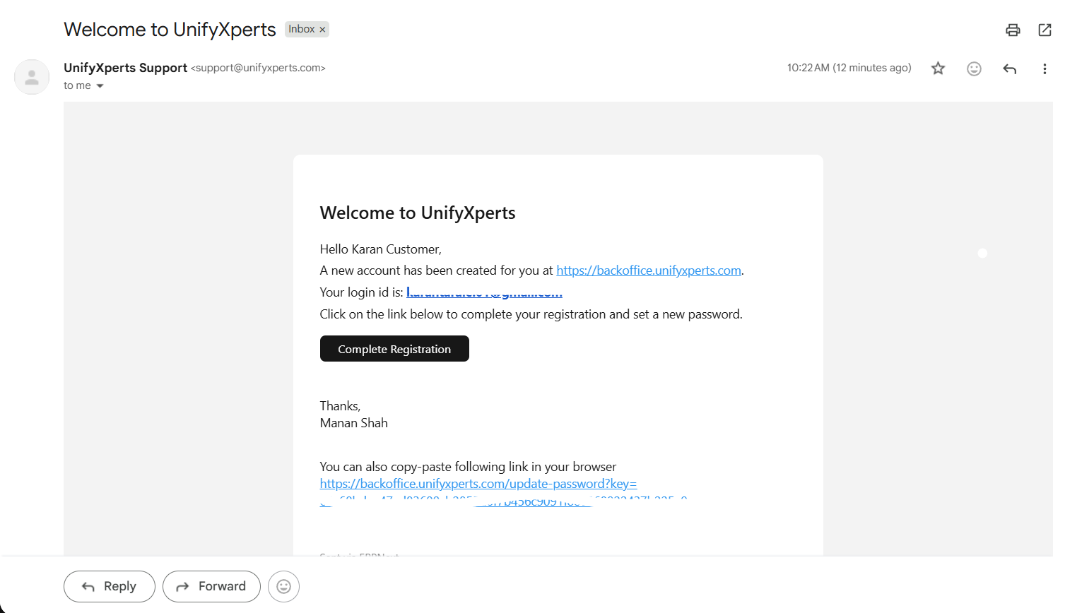 Registration email with password setup link